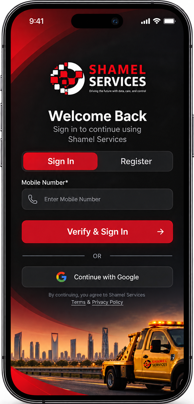 Shamel Services mobile app sign in screen